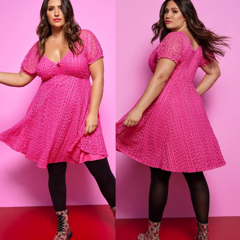 Torrid Betsey Johnson Fit & Flare Puff Sleeve Mini Dress Pink Sz 1 (14) Xl